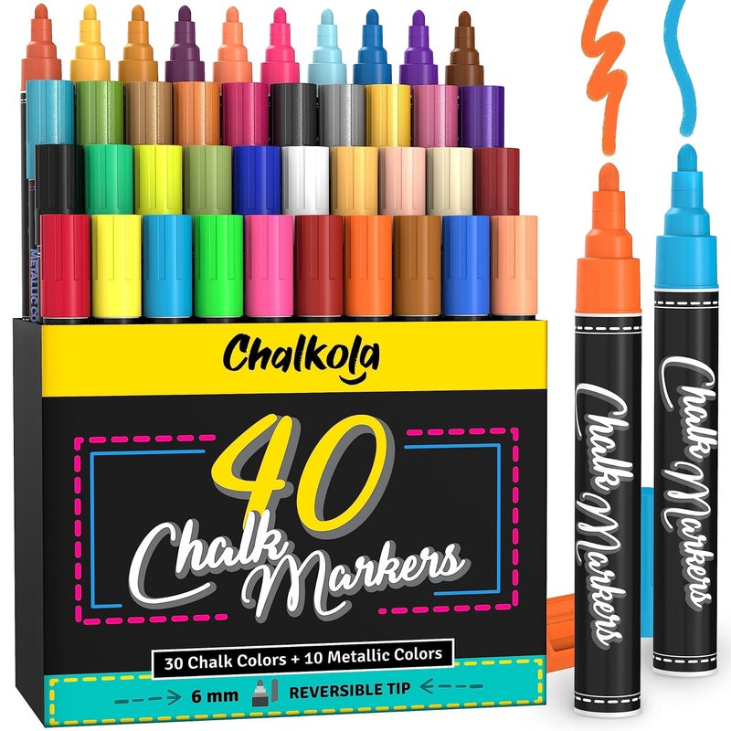 Chalkola Chalk Markers - Pack of 40 (Neon  Pastel & Metallic) Liquid Chalk Pens - For Chalkboard  Blackboard  Window  Labels  Bistro  Glass  Car  Board - Wet Wipe Erasable Ink - 6mm Reversible Tip - Image 1